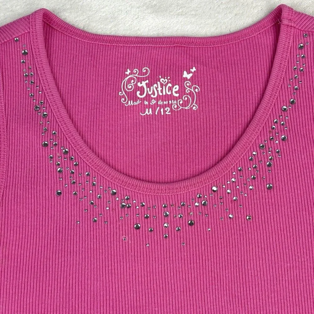 Vintage Y2K Justice Ribbed Tank Girls M Hot Pink Rhinestones Kawaii Bella Swan